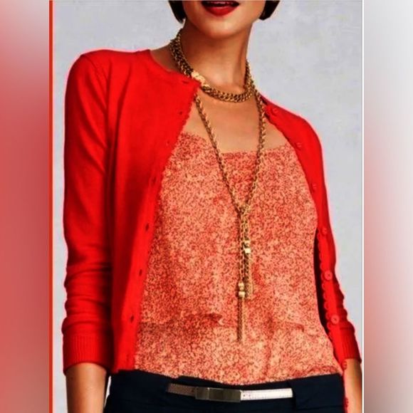 CAbi Sweaters - Cabi Poppy Lace Accent Button Front Red Cotton Classic Preppy Cardigan Womens M